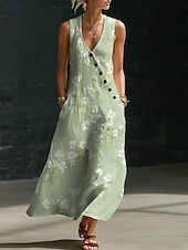 cheap Floral Dress-Women's Maxi Dress Boho Dress Shirt Dress Sundress Elegant Bohemia Ethnic Beach Holiday Loose Fit Floral Graphic Sleeveless V Neck Blue Green Summer Spring