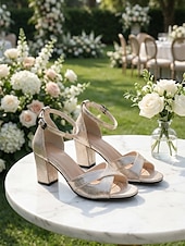 cheap Heeled Sandals-Women's Metallic Block Heel Sandals, Open Toe Ankle Strap Elegant Dress Shoes for Garden Party, Wedding Guest &amp; Outdoor Events
