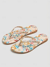 cheap Slide Sandals-Women's Bohemian Floral Print Flip Flops - Tropical Summer Beach Sandals with Braided Straps &amp; Vibrant Flower Patterns for Island Vacations &amp; Poolside Lounging