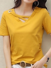 tanie gładka koszulka-Damskie Podkoszulek Koszulka Przekrój krzyżowy z otworem Równina Moda Elegancki Klasyczny Krótki rękaw W serek Zwykłe topy Codzienny Wyjściowe Weekend Czarny Biały Żółty Rumiany róż Zielony Lato