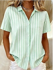 preiswerte Streifen- und geometrische Blusen-Damen Hemd Grafik Geometrisch Gestreift Vintage Tropisch Stilvoll Kurzarm Hemdkragen Normale Oberteile Lässig Täglich Blau Grün Sommer Frühling
