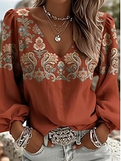 economico Bluse Floreali-Per donna Camicia Floreale Grafico Geometrico Bohemien Vacanza Vintage Manica Lunga Scollo a V Top lunghi Casuale Quotidiano Ferie Marrone rossastro Nero Viola Beige Estate Primavera