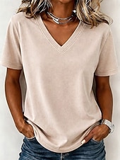 preiswerte Einfarbiges T-Shirt-Damen T Shirt Baumwollhemd T-Shirt Gerafft Einfach Vintage Mode Stilvoll Kurzarm V Ausschnitt Normale Oberteile Lässig Täglich Ausgehen Blau Violett / Blau Schwarz Armeegrün Purpur Sommer Frühling