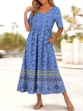 preiswerte Boho Kleider-Damen Midikleid Sommerkleid Urlaub Lässig Boho Täglich Strand Normale Passform Blumen Halbarm Rundhalsausschnitt Blau Rote Dunkelblau Beige Sommer Frühling