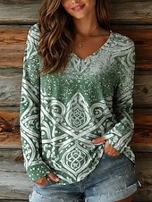 voordelige Boho t-shirt-Dames T-shirt Afdrukken Grafisch Vintage Casual Boho Lange mouw V-hals Normale tops Dagelijks Groen Lente Herfst