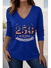  T-shirt femme américaine du jour de l'indépendance impression graphique drapeau national géométrique élégant vintage stylé à manches longues col rond col en V hauts réguliers quotidien weekend bleu