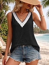 economico Camicie-Per donna Gilet in cotone e lino Maglietta Semplice Spiaggia Senza Maniche Scollo a V Top lunghi Casuale Blu Marrone Scuro Nero Bianco Verde militare Estate Primavera