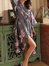 preiswerte Bademäntel für Damen-Damen Freizeitkleidung Robe Nachthemd Mode Lässig Grafik Satin-Seidenpyjamas Patchwork Kleid Urlaub Straße Date Halbarm V Ausschnitt Meerblau Schwarz Weiß Rote Grau Sommer Frühling Lässiger Schnitt