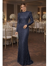 economico Abiti da sera a tubino-Tubino Colonna Lunghezza al pavimento Abito da invitata a nozze Abito Formale Abito da sera Abiti da Ballo Elegante Manica Lunga Girocollo Balli di fine anno Formale Con Paillettes con Glitter