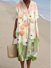cheap Floral Dress-Women's Midi Dress Shift Dress Sundress Vacation Casual Beach Daily Going out Loose Fit Ombre Floral Graphic Short Sleeve V Neck Champagne Light Green Green Beige Summer Spring