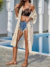 baratos Kaftans-Mulheres Roupa de Banho Cobertura roupa de banho Renda Férias Roupa de Praia Floral Manga Longa Fatos de banho