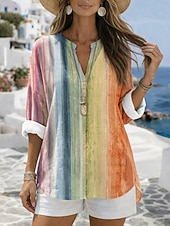 cheap Art&amp;Design Blouses-Women's Blouse Print Graphic Geometric Vintage Daily Stylish Long Sleeve V Neck Regular Tops Casual Daily Holiday Blue Yellow Purple Orange Summer Spring