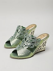 abordables Sandalias de cuña-Sandalias de cuña azules adornadas para mujer, zapatos elegantes sin cordones con punta abierta para la madre de la novia, boda en el jardín &amp;eventos formales