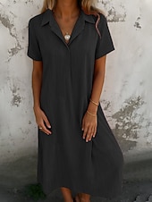 cheap Dresses-Women's Midi Dress Casual Dress Cotton Linen Dress Elegant Fashion Modern Outdoor Vacation Going out Regular Fit Plain Short Sleeve Shirt Collar Blue Black Orange Green Summer Spring