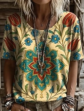 cheap Boho tee-Music Festival Women's T Shirt Print Floral Graphic Plants Vintage Stylish Casual Short Sleeve Crew Neck Round Neck Long Tops Casual Daily Yellow Pink Summer Spring