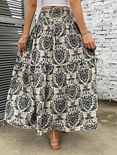 abordables Faldas de Vacaciones-Mujer Falda de vacaciones Bohemia Vintage Casual Maxi Alta cintura Faldas Cachemir Estampado Elástico Diario Calle Negro Vino Rojo Naranja Verano