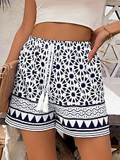 abordables Short graphique-Femmes Chinos Shorts ancien Boho Court Taille haute Fleuri Graphique Avec Poches Ceinture Élastique Imprimé Confortable Confort Doux Micro-Élastique Extérieur Vacances Rue Bleu Été Printemps Automne
