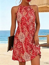economico Abiti Boho-Per donna Abito al ginocchio Abito a trapezio Abito Estivo Vacanza Casual Vestibilità regolare Grafico Boho Paisley Damasco Senza Maniche All'americana Giallo Rosso Arancione Verde Estate Primavera