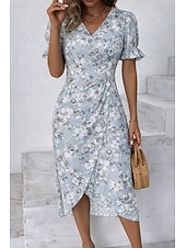 cheap Floral Dress-Women's Midi Dress Summer Dress Ruffle Dress Bodycon Dress Vacation Party Casual Regular Fit Floral Graphic Short Sleeve V Neck Blue Yellow Pink Summer Spring