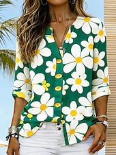 preiswerte Blumenblusen-Damen Hemd Tunika Sommeroberteile Knöpfe Blumen Grafik Urlaub Vintage Täglich Langarm V Ausschnitt Normale Oberteile Täglich Ferien Ausgehen Blau Gelb Rote Grün Sommer Frühling