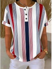  Kvinnors våffel T-shirt tryck bröstknappar grafisk geometrisk rutig stilren klassisk modern kortärmad Henley långa toppar daglig blå gul rosa röd ljus lila sommar vår