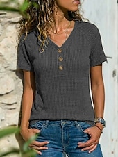 abordables Camiseta lisa-Mujer Camiseta Tops de punto gofre Camiseta superior Botones Color sólido Moda Elegante Clásico Manga Corta Escote en Pico Tops largos Diario Noche Fin de semana Azul Piscina Amarillo Rosa Verde