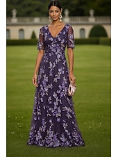 economico Lunghezza del pavimento-Linea ad A Abito Lunghezza al pavimento Vestito maxi Vestito da Festa Abito da Cocktail Abito da cerimonia per signora Manica Corta Scollo a V Elegante Vintage Lussuoso Formale Ospite di nozze Derby