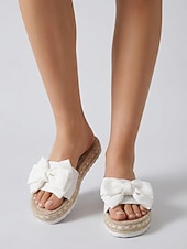 halpa Liukuesteet-Naisten kermanväriset pellavaiset rusettivartiset sandaalit - elegantit espadrillot flatform-kengät risteilylomille ja trooppisille kesälomille &amp;ylellinen lomakeskusvaate