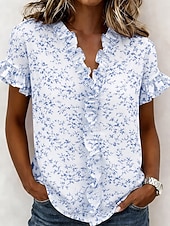abordables Blouses Florales-Femmes Chemise Tunique A Volants Fleuri Graphique Élégant Mode Quotidien Manche Courte Col en V Hauts Réguliers Occasionnel Quotidien Bleu Rose Claire Violet Vert Été Printemps