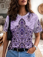 ieftine tricou boho-Pentru femei Tricou Imprimeu Grafic Abstract Epocă Stilat Clasic Manșon scurt Stil Nautic În V Topuri obișnuite Casual Zilnic Sfârșit de săptămână Albastru piscină Negru Galben Mov Maro Vară Primăvară