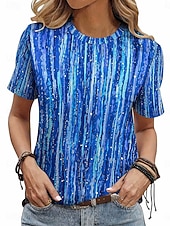 voordelige Stripe &amp; Geometrische t-shirt-Dames T-shirt Afdrukken Grafisch Geometrisch Gestreept Vintage Stijlvol Klassiek Korte mouw Strakke ronde hals Croptops Casual Dagelijks blauw Paarsblauw Blozend Roze Oranje Zomer Lente