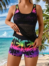 tanie Tankini-Damskie Stroje kąpielowe Tankini 2 szt Krótkie spodnie Kostium kąpielowy Wyszczuplenie brzucha Wysoka talia Szczupła Odkryte plecy Urlop Stroje plażowe Kwiaty Graficzny Łódeczka Bez rękawów Kostiumy