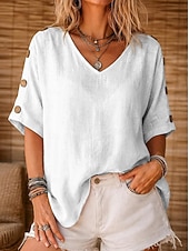economico Camicie-Per donna Camicia Camicie di cotone e lino Blusa Bottoni Tinta unica Essenziale Casual Manica Corta Manica a pipistrello Collo a U Top Regolari Casuale Quotidiano Bianco Giallo Verde chiaro Rosa Rosso