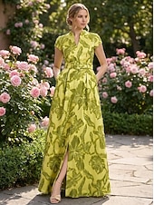 ieftine Rochii de seară în linie A-Linia -A Lungime Podea Rochie florala Rochii de seara Elegant Epocă Floral Manșon scurt În V Petrecere în grădină Nuntă Buzunar Satin Jaquard cu Franjuri Rochie cu fanta