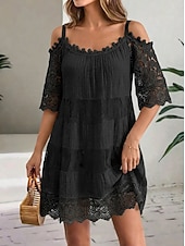 halpa Boho-mekko-Naisten Mini mekko Valkoinen mekko Valmistujaismekko Pitsimekko Boho-mekko Tyylikäs Perus Moderni Loma Loose Fit Puhdas väri Puolihiha Tiukka pyöreä kaula-aukko Musta Valkoinen Apila Vaalean sininen