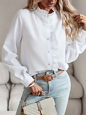 billiga Enkla blusar-Dam Skjorta Button Down skjorta Casual skjorta Volangskjorta Knappar Slät Stylish Klassisk Modern Långärmad Hög krage Vanliga toppar Dagligen Helgdag Utekväll Vit Rodnande Rosa Himmelsblå Mörkgrå