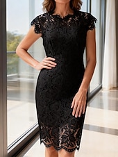 cheap Plain Dress-Women's Mini Dress Sheath Dress Elegant Party Cocktail Outdoor Party Wedding Guest Lace Patchwork Regular Fit Solid Color Sleeveless Crew Neck Blue Black White