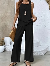 preiswerte Blusenanzüge für Damen-Damen Hosen-Sets Ärmellos Quadrathals Einfach Gerafft Elegant Mode Streetwear Lässig Täglich Outdoor Schwarz Rote Beige Sommer Normale Passform Lässiger Schnitt