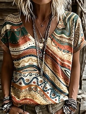 billige Boho t-skjorte-Dame T skjorte Trykt mønster Grafisk Geometrisk Stamme Stilfull Fritid Kortermet V-hals Vanlige topper Avslappet Daglig Gul Lilla Oransje Brun Sommer Vår