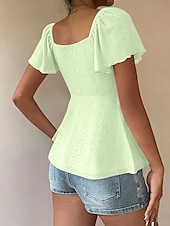 abordables T-shirt uni-Femmes Chemisier Cordon de serrage Œillet Couleur Unie Élégant Sexy Occasionnel Manche Courte Col carré Hauts Réguliers Quotidien Noir Blanche Jaune Rose Claire Bleu Ciel Été Printemps