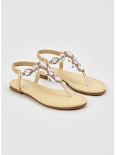 abordables Sandalias Planas-Sandalias con tira en T y adorno de diamantes de imitación verdes para mujer con correa elástica en el tobillo: calzado de verano elegante para playa, fiestas o ropa informal