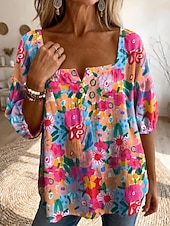 economico Bluse Floreali-Per donna Blusa Stampato Floreale Grafico Quotidiano Elegante Casual Mezza Manica Collo quadrato Top Regolari Casuale Quotidiano Blu Giallo Rosso Viola Estate Primavera