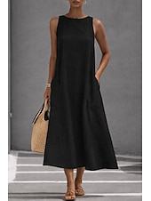 economico Abiti casual bianchi-Per donna Abito Midi Vestito Estivo Abito Bianco Abito da laurea Elegante Moda Classico Vacanza Vestibilità comoda Semplice Senza Maniche Girocollo Nero Bianco Giallo Grigio Estate Primavera