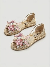 cheap Flat Sandals-Women's White Floral Embellished Flat Sandals, Open Toe Resort Slides with Pearl Detail for Vacation Dinner, Beach Party &amp; Summer Evenings