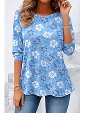 economico T-shirt floreale-Per donna Maglietta Stampato Floreale Grafico Piante Elegante Classico Moderno Manica Lunga Girocollo Top Regolari Quotidiano Weekend Abbigliamento da vacanza Blu Rosa Verde Estate Primavera