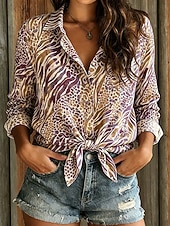 Χαμηλού Κόστους Ριγέ και Γεωμετρικά Μπλούζες-Γυναικεία Πουκάμισο Κουμπιά Στάμπα Γραφική Γεωμετρικό Κομψό Βίντατζ Τροπικό Μακρυμάνικο Κολάρο Πουκαμίσου Κανονικά μπλουζάκια Causal Καθημερινά Δουλειά Κίτρινο Βυσσινί Πράσινο του τριφυλλιού