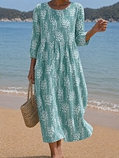 cheap Floral Dress-Women's Midi Dress Sundress Summer Dress Vacation Casual Boho Beach Holiday Regular Fit Floral Graphic 3/4 Length Sleeve Crew Neck Blue Pink Purple Summer Spring