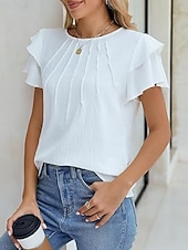 voordelige Effen t-shirt-Dames T-shirt Met ruches Effen Elegant Modieus Stijlvol Korte mouw Strakke ronde hals Normale tops Dagelijks Uitgaan Weekend Zwart Wit Marineblauw Groen Abrikoos Zomer Lente