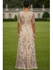 voordelige Vloerlengte-A-lijn Jurken Tot de grond Maxi-jurk Feestjurk Cocktail jurk Moeder van de bruid jurk Korte mouw V-hals Elegant Vintage Luxueus Formeel Bruiloft gast Kentucky Derby Chiffon Tule met Bloemenprint