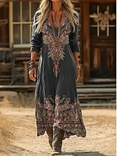 voordelige Etnische Boho Jurk-Dames Maxi-jurk Boho-jurk Vintage Jurk Casual jurk Vintage Ruim Passend Bloemig Lange mouw V-hals Zwart en Wit Ijsblauw Zwart Geel Zomer Lente
